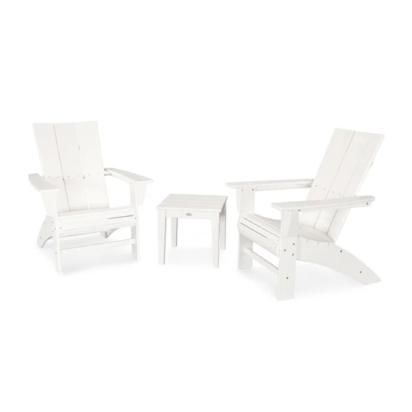 Modern Adirondack 3 Pc Recycled Plastic Seating Set w/ Curveback Chairs in White by POLYWOOD