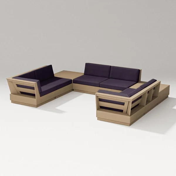 Elevate 8 Pc U-shaped Recycled Plastic Sectional Seating Set in Vintage Sahara/Navy Linen By PW Designer Series