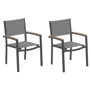 Travira 2 Pc Composite Sling & Aluminum Dining Chair W/ Vintage Tekwood Arm Caps in Carbon/Titanium By Oxford Garden