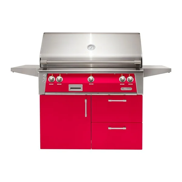 Alfresco ALXE 42-Inch Freestanding Natural Gas Grill On Deluxe Cart With Rotisserie in Raspberry Red - ALXE-42CD-NG-S3027