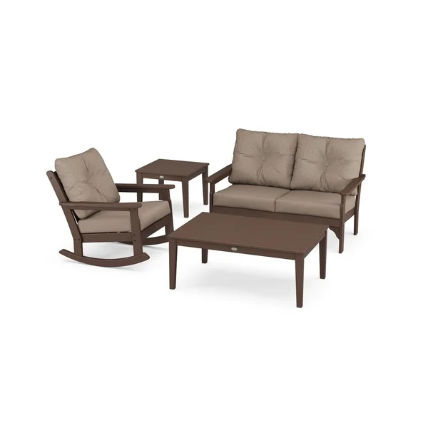 Vineyard 4 Pc Recycled Plastic Seating Set w/ Rocking Chair in Mahogany/Spiced Burlap by POLYWOOD