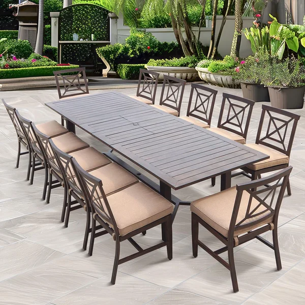 Atlantis 13 Pc Aluminum Dining Set w/ 91 X 40 Inch Extension Table in Walnut/Beige by Darlee