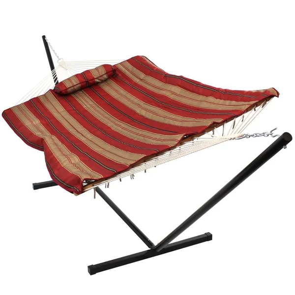 Ultimate Patio Rope Hammock w/ 12-Foot Stand, Pad, & Pillow - Awning Stripe