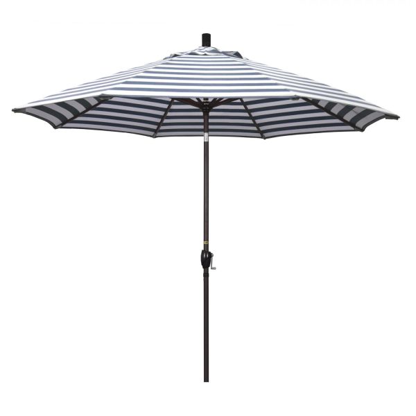 California Umbrella Pacific Trail Series 9 Ft Octagonal Aluminum Push Button Tilt Patio Umbrella W/ Crank Lift -  Bronze Frame / Olefin Navy White Cabana Stripe Canopy