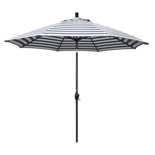 California Umbrella Pacific Trail Series 9 Ft Octagonal Aluminum Push Button Tilt Patio Umbrella W/ Crank Lift - Bronze Frame / Olefin Navy White Cabana Stripe Canopy