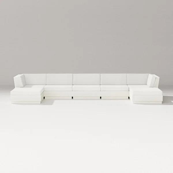 Elevate 7 Pc Recycled Plastic Double Chaise Seating Set in Vintage White/Natural Linen By PW Designer Series