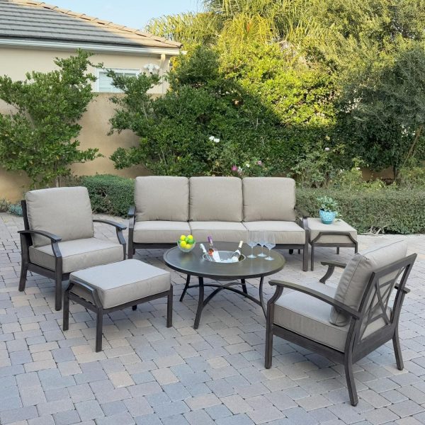 Atlantis 6 Pc Aluminum Seating Set w/ Sofa, 2 Club Chairs, 2 Ottomans & Ice Bucket in Walnut/Beige by Darlee