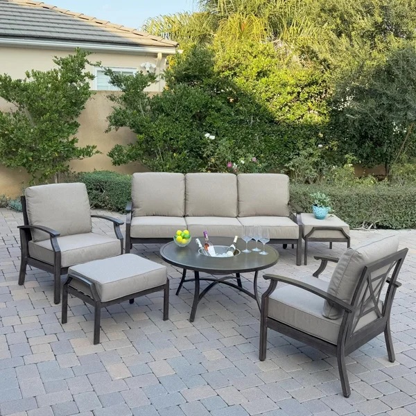 Atlantis 6 Pc Aluminum Seating Set w/ Sofa, 2 Club Chairs, 2 Ottomans & Ice Bucket in Walnut/Beige by Darlee