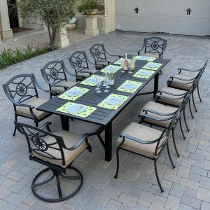 Ten Star 11 Pc Cast Aluminum Dining Set w/ Swivel Rocker Chairs in Antique Bronze By Darlee