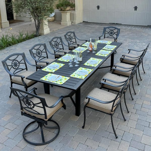 Ten Star 11 Pc Cast Aluminum Dining Set w/ Swivel Rocker Chairs in Antique Bronze By Darlee