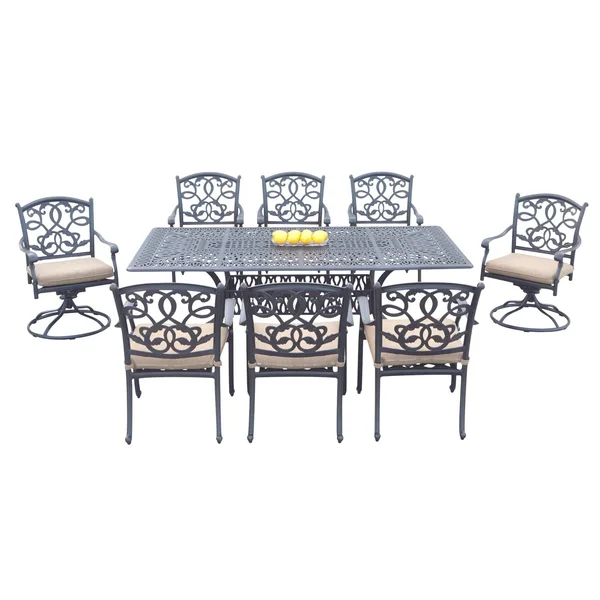 Santa Monica 9 Pc Cast Aluminum Dining Set w/ 84 X 44 Inch Table & 2 Swivel Rockers in Antique Bronze/Sesame by Darlee