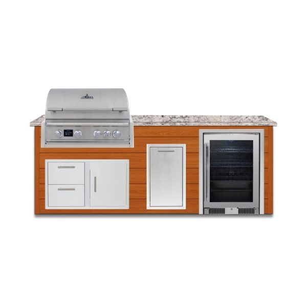 BBQGuys Signature 8 Ft Outdoor Kitchen Island w/ 32 Inch Natural Gas Blaze LTE PRO Grill, Beverage Center & Narrow Trash Bin | Chai Cedar w/ White Granite