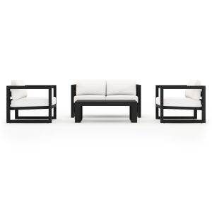 Misty Cove 4 Pc Aluminum Seating Set w/ Portal Coffee Table in Black/Canvas Natural by Lakeview Outdoor Designs