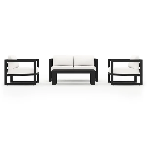 Misty Cove 4 Pc Aluminum Seating Set w/ Portal Coffee Table in Black/Canvas Natural by Lakeview Outdoor Designs