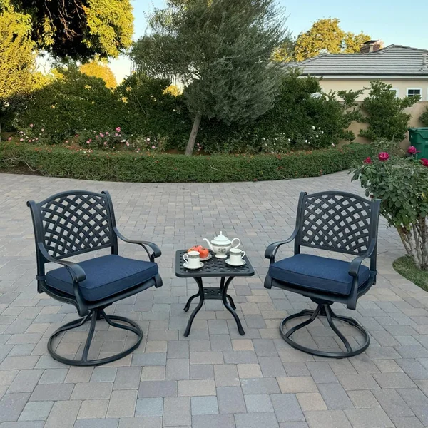Nassau 3 Pc Cast Aluminum Conversation Set w/ Rocker in Antique Bronze w/ Navy Cushions By Darlee