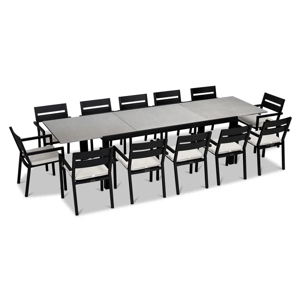 Calm Bay 13 Pc Extendable Aluminum Dining Set in Black/Concrete/Canvas Natural by Lakeview Outdoor Designs