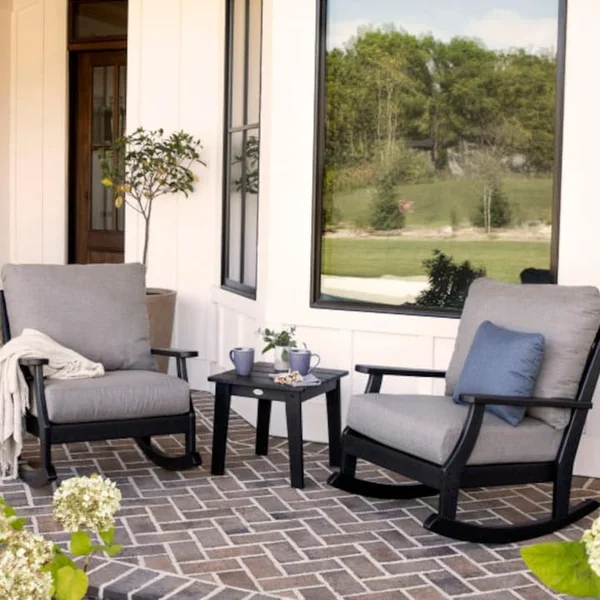 Braxton 3 Pc Recycled Plastic Seating Set w/ Rocking Chairs in Black/Gray Mist by POLYWOOD