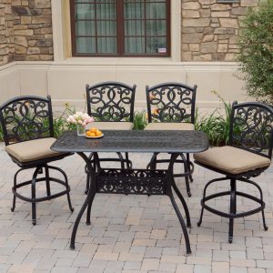 Santa Monica 5 Pc Cast Aluminum Counter Height Bar Set w/ 52 X 26 Inch Series 60 Table & Armless Bar Stools in Antique Bronze/Sesame by Darlee