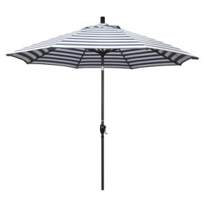 California Umbrella Pacific Trail Series 9 Ft Octagonal Aluminum Push Button Tilt Patio Umbrella W/ Crank Lift -  Stone Black Frame / Olefin Navy White Cabana Stripe Canopy