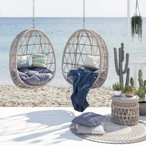 Dana 3 Pc Olefin Rope Hanging Chair Set in Natural Linen/Linen Canvas by Sunset West