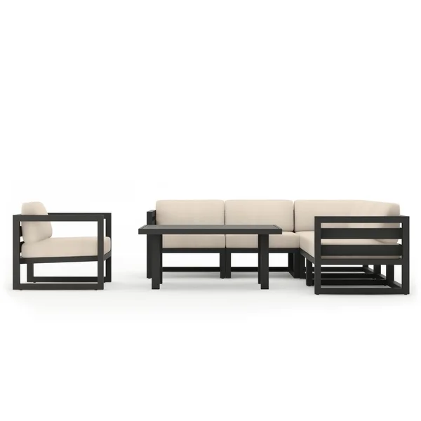 Misty Cove 7 Pc Aluminum Seating Set w/ Sectional & Classic Chat Table in Slate/Canvas Flax by Lakeview Outdoor Designs