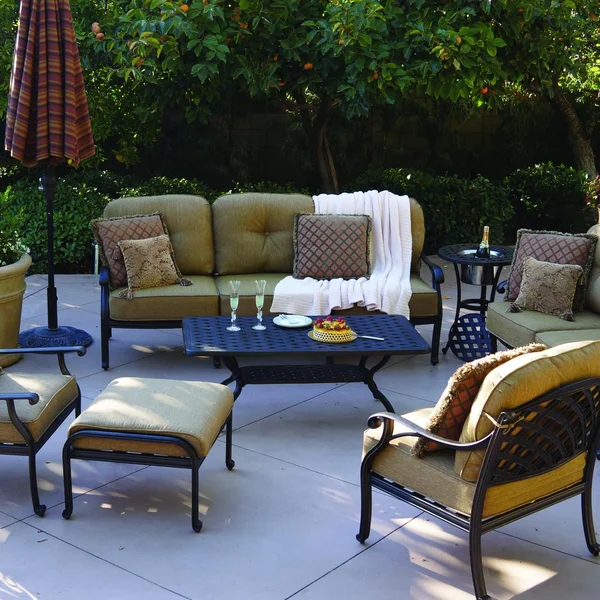 Nassau 8 Pc Cast Aluminum Seating Set w/ 42 X 21 Inch Series 30 Table w/ Ice Bucket Insert & Reclining Chair in Antique Bronze/Sesame by Darlee