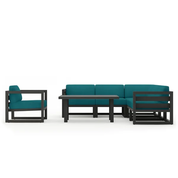 Misty Cove 7 Pc Aluminum Seating Set w/ Sectional & Classic Chat Table in Slate/Spectrum Peacock by Lakeview Outdoor Designs