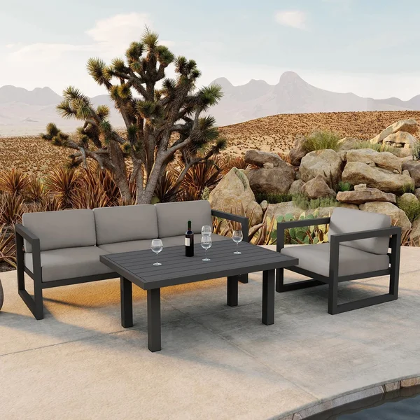 Misty Cove 3 Pc Aluminum Seating Set w/ Sofa & Classic Chat Table in Slate/Canvas Charcoal by Lakeview Outdoor Designs