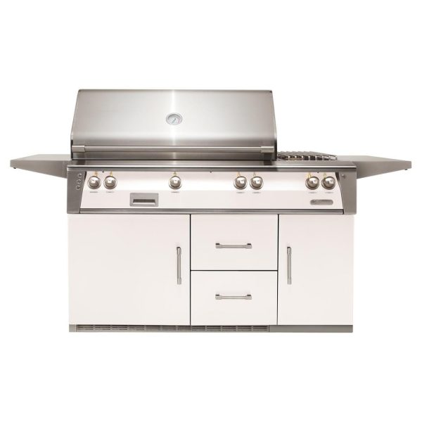 Alfresco ALXE 56-Inch Freestanding Natural Gas Deluxe Grill On Refrigerated Cart With Sear Zone, Rotisserie, And Side Burner in Signal White Matte - ALXE-56SZR-NG-SM9003