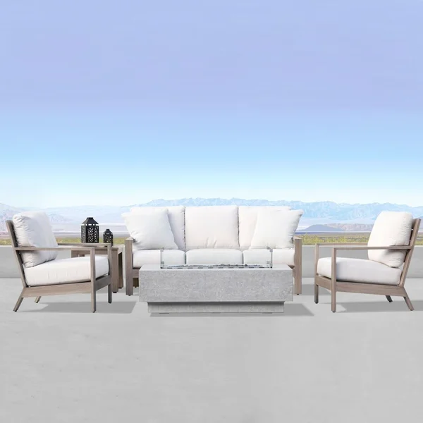 Laguna 5 Pc Aluminum Fire Pit Seating Set in Driftwood/Canvas Flax by Sunset West