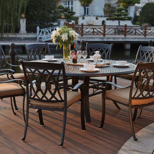 Capri 9 Pc Cast Aluminum Dining Set w/ 71 Inch Round Series 99 Table in Antique Bronze/Sesame by Darlee
