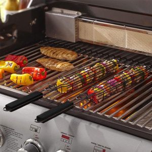 Outset Carbon Steel Black Non-Stick Kabob Basket W/ Handle - Set of 4