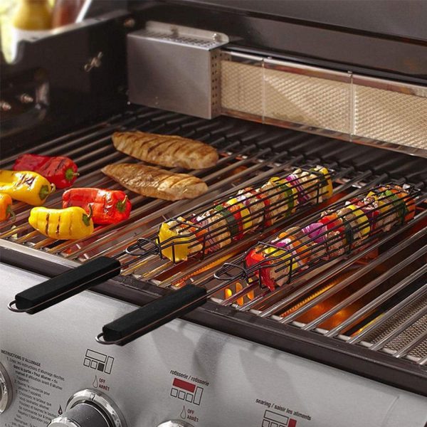 Outset Carbon Steel Black Non-Stick Kabob Basket W/ Handle - Set of 4