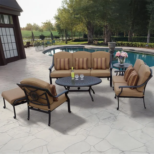 Ten Star 6 Pc Cast Aluminum Seating Set w/ 46 X 31 Inch Oval Table & Throw Pillows in Antique Bronze/Sesame by Darlee