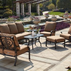 Santa Barbara 7 Pc Cast Aluminum Seating Set w/ 42 X 21 Inch Series 60 Table & Swivel Rocker in Antique Bronze/Sesame by Darlee