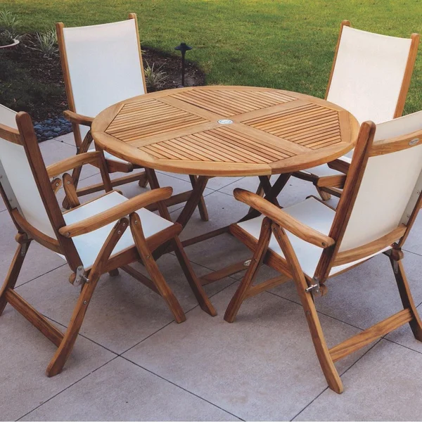 Florida 5 Piece Teak Patio Dining Set W/ 47 Inch Round Folding Table By Royal Teak Collection - White Sling