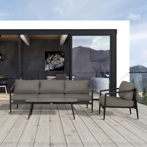 Midnight Cove 3 Pc Aluminum Seating Set w/ Sofa in Black/Canvas Charcoal by Lakeview Outdoor Designs