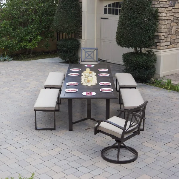 Atlantis 7 Pc Aluminum Dining Set w/ 2 Swivel Rocker Dining Arm Chairs, 4 Two Person Benches & Extension Tablein Walnut/Beige by Darlee