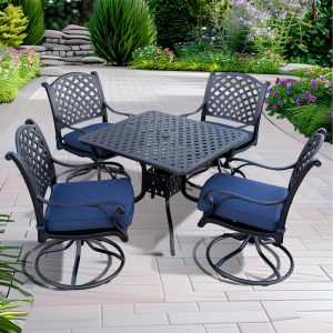 Nassau 5 Pc Cast Aluminum Dining Set w/ 36 Inch Square Series 30 Table & Swivel Rockers in Antique Bronze/Navy by Darlee