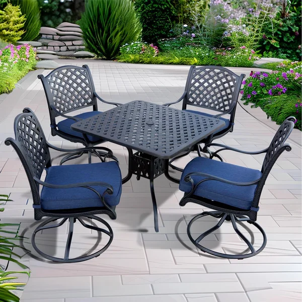 Nassau 5 Pc Cast Aluminum Dining Set w/ 36 Inch Square Series 30 Table & Swivel Rockers in Antique Bronze/Navy by Darlee