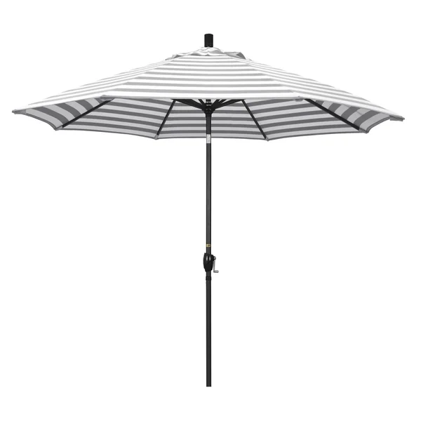 California Umbrella Pacific Trail Series 9 Ft Octagonal Aluminum Push Button Tilt Patio Umbrella W/ Crank Lift - Stone Black Frame / Olefin Gray White Cabana Stripe Canopy