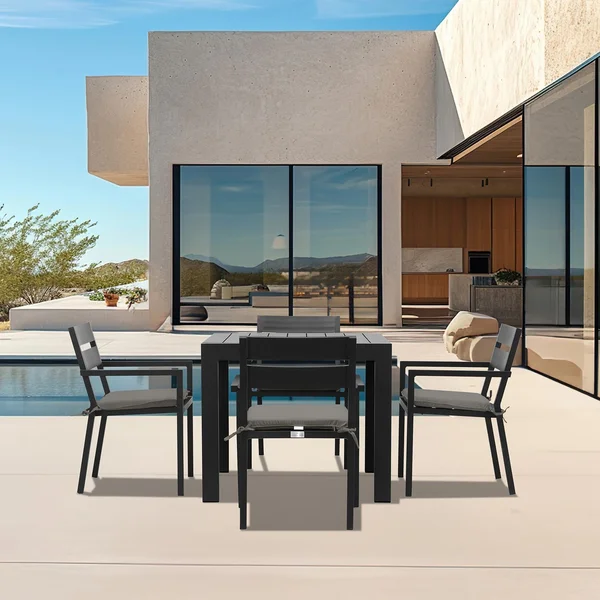 Calm Bay 5 Pc Square Aluminum Dining Set in Black/Canvas Charcoal by Lakeview Outdoor Designs