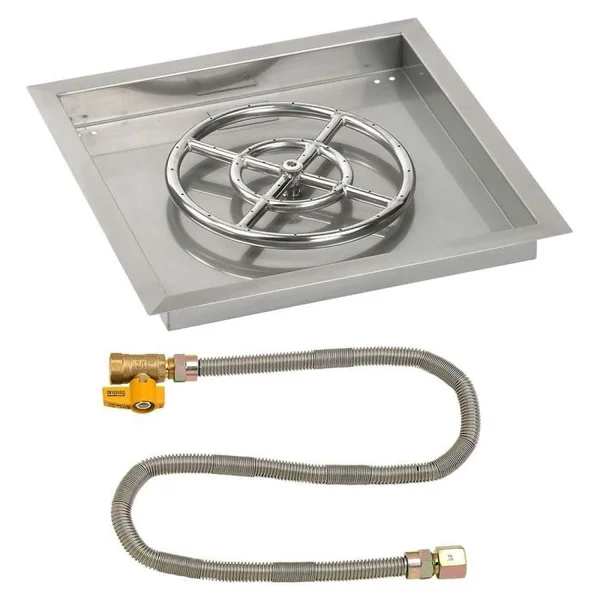 BBQGuys Signature 18 Inch Stainless Steel Square Drop-In Fire Pit Pan W/Match Light Kit - 12 Inch Ring - Natural Gas