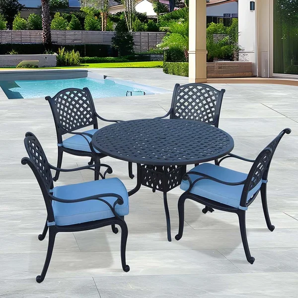 Nassau 5 Pc Cast Aluminum Dining Set w/ 48 Inch Round Series 30 Table in Antique Bronze/Sky Blue by Darlee