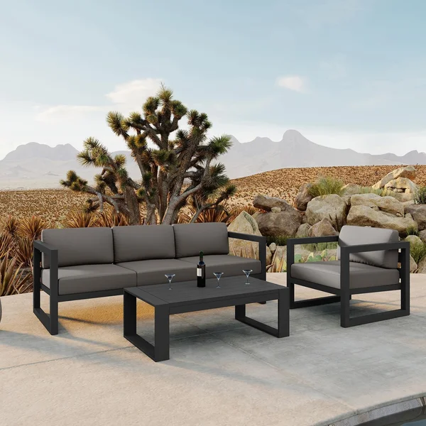 Misty Cove 3 Pc Aluminum Seating Set w/ Sofa & Portal Coffee Table in Slate/Canvas Charcoal by Lakeview Outdoor Designs
