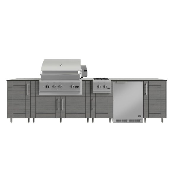 WeatherStrong Nassau 10 1/2 Ft Outdoor Kitchen Island w/ DCS Natural Gas Grill, Side Burner & Refrigerator in Dark Ash/Glacier Frost