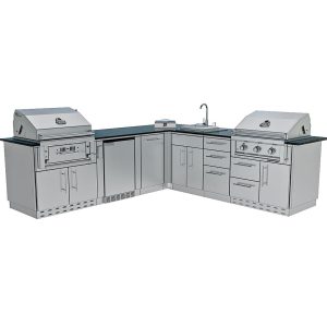 Sunstone Grills Texas Tango 19 Ft Outdoor Kitchen Island w/ Propane Grill & Side Burner, Sink, Refrigerator, Trash Bin, Door & Drawer