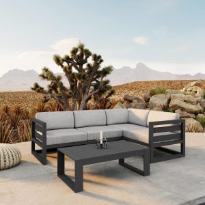 Misty Cove 5 Pc Aluminum Seating Set w/ Sectional & Portal Coffee Table in Slate/Cast Silver by Lakeview Outdoor Designs