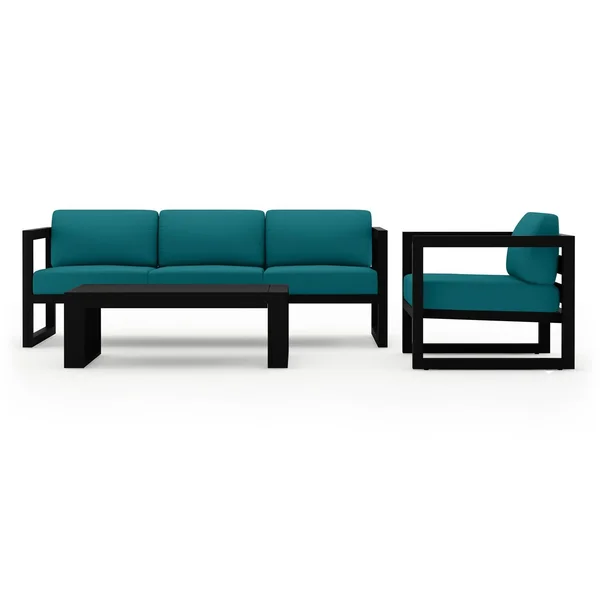 Misty Cove 3 Pc Aluminum Seating Set w/ Sofa & Portal Coffee Table in Black/Spectrum Peacock by Lakeview Outdoor Designs