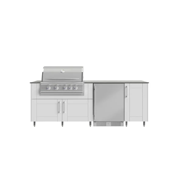 WeatherStrong Bimini 7 1/2 Ft Outdoor Kitchen Island w/ Blaze Propane Grill & Refrigerator in Shell White/Glacier Frost